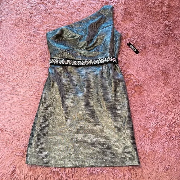 Allen B. Silver Asymmetrical Metallic Dress 💎 NWT - Picture 1 of 6